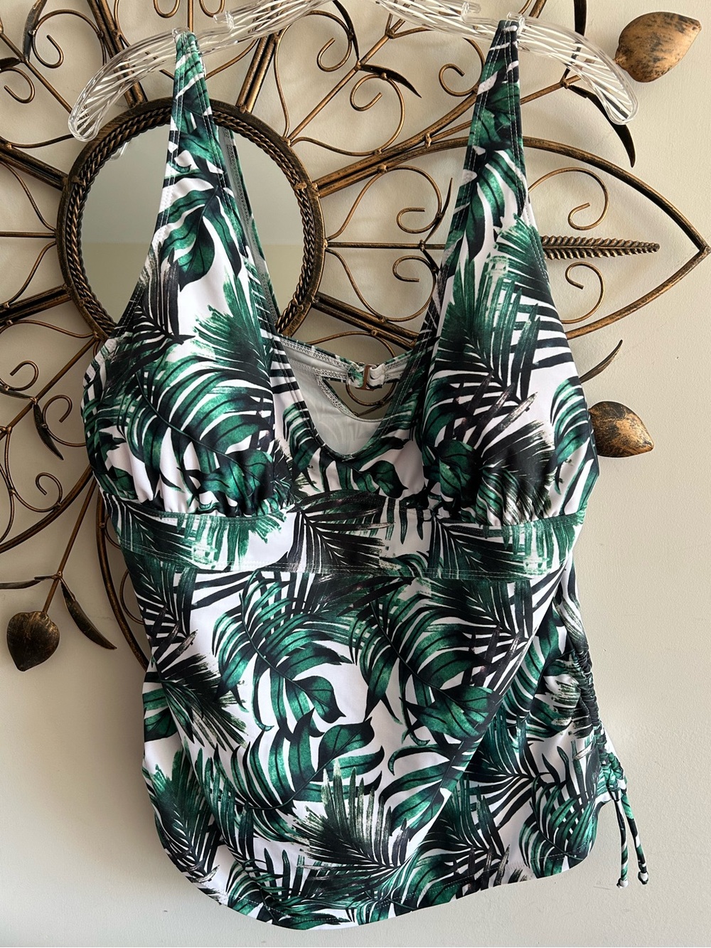 NWT Liquid Palm-Print Tankini Top in Green, Black & White